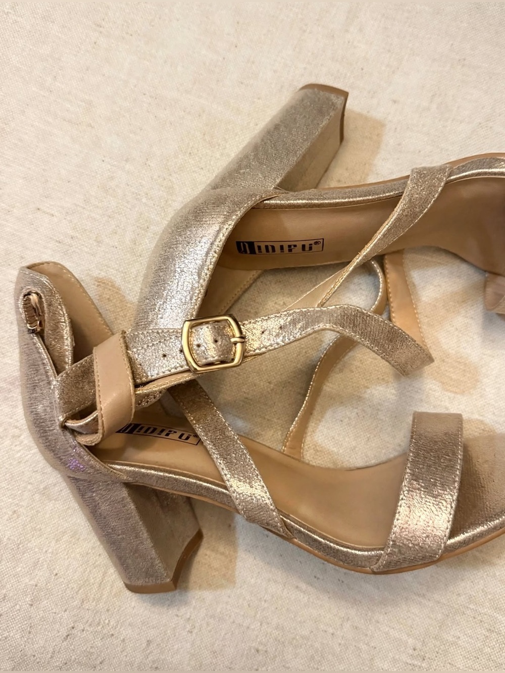 IDIFU Women's Metallic Gold Strappy Chunky Block Heels